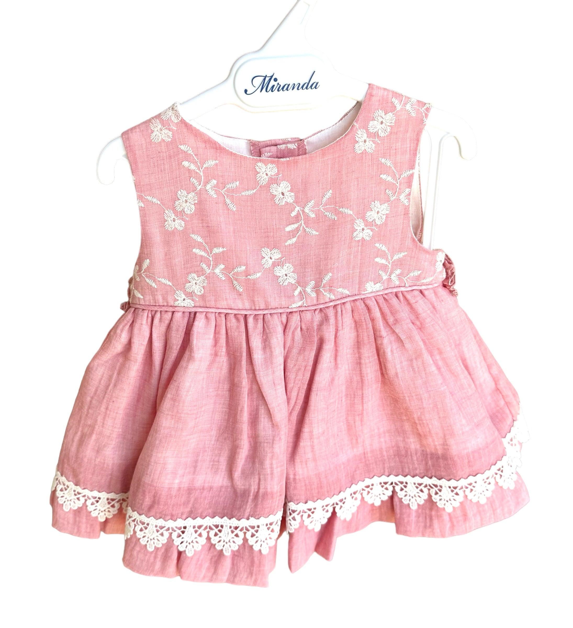 Miranda SS24 - Baby Girls Rubi Pink and Cream Dress with Matching Knickers 147VB - Mariposa Children's Boutique