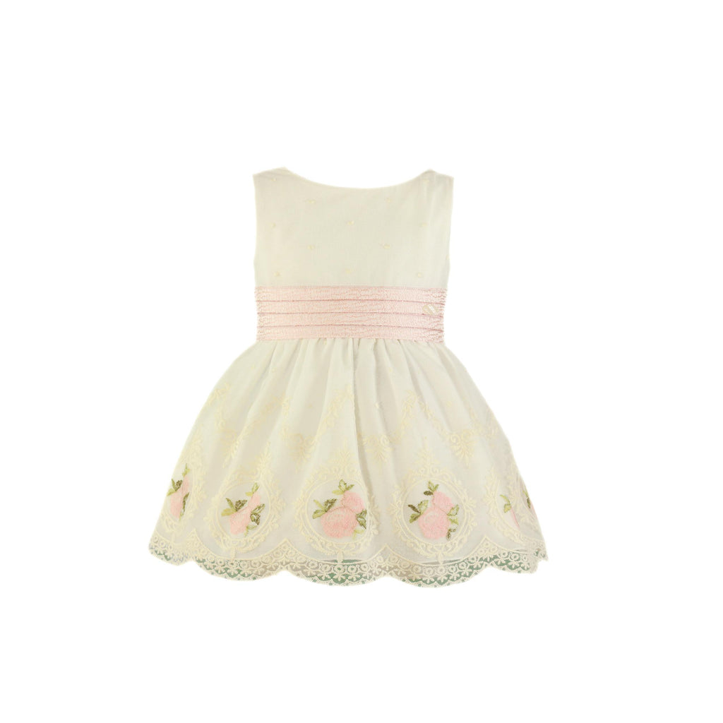 Miranda SS24 PRE-ORDER - Girls Cream and Pink Rose & Lace Detail Dress 222V - Mariposa Children's Boutique