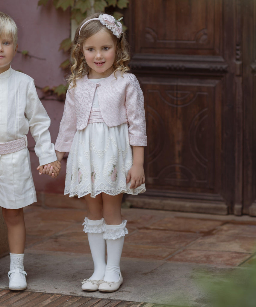 Miranda SS24 PRE-ORDER - Girls Cream and Pink Rose & Lace Detail Dress 222V - Mariposa Children's Boutique