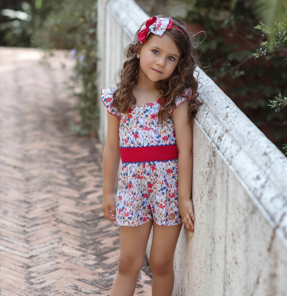 Miranda SS24 PRE-ORDER - Girls Red Multi Coloured Floral Playsuit 608M - Mariposa Children's Boutique