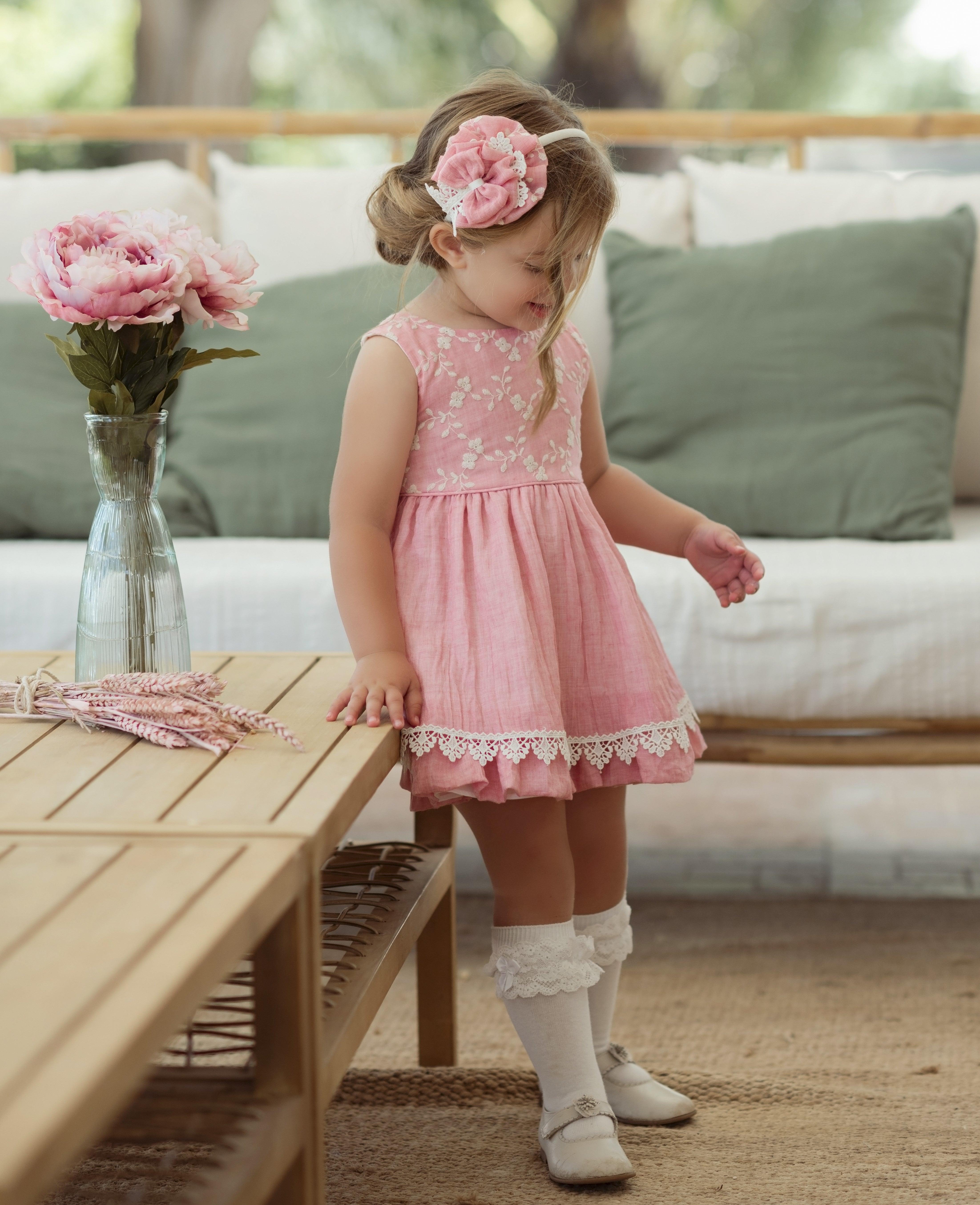 Miranda SS24 PRE-ORDER - Girls Rubi Pink & Cream Dress 247V - Mariposa Children's Boutique