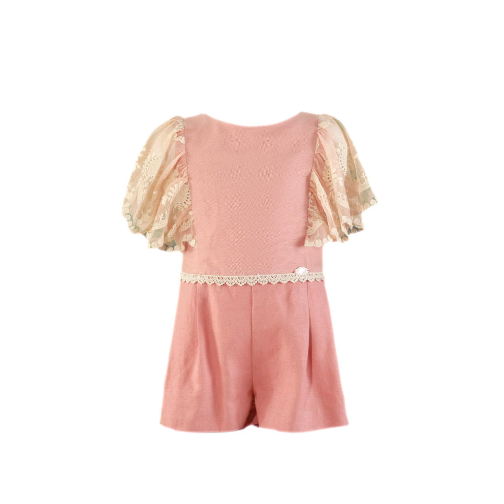 Miranda SS24 PRE-ORDER - Girls Salmon Pink & Cream Jumpsuit 221M - Mariposa Children's Boutique