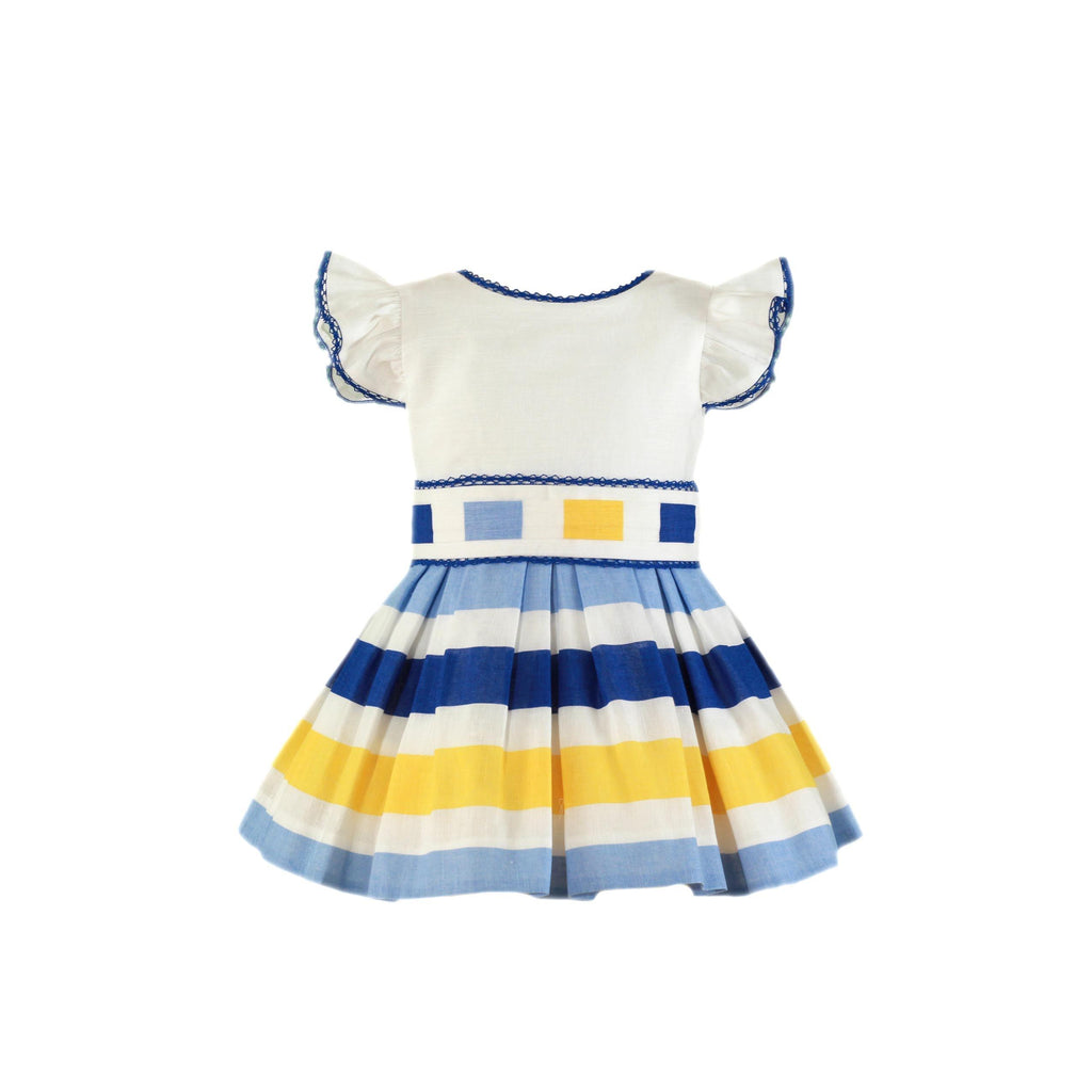 Miranda SS24 PRE-ORDER - Girls White, Blue & Yellow Dress 244V - Mariposa Children's Boutique