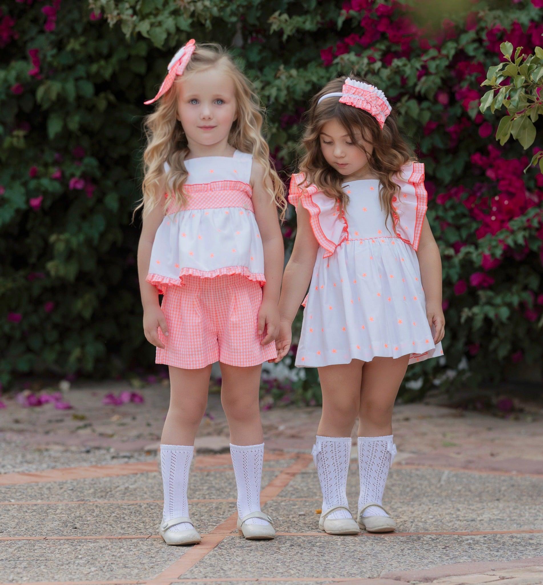 Miranda SS25 - Girl's Florescent Orange and White Summer Dress 242V - Mariposa Children's Boutique