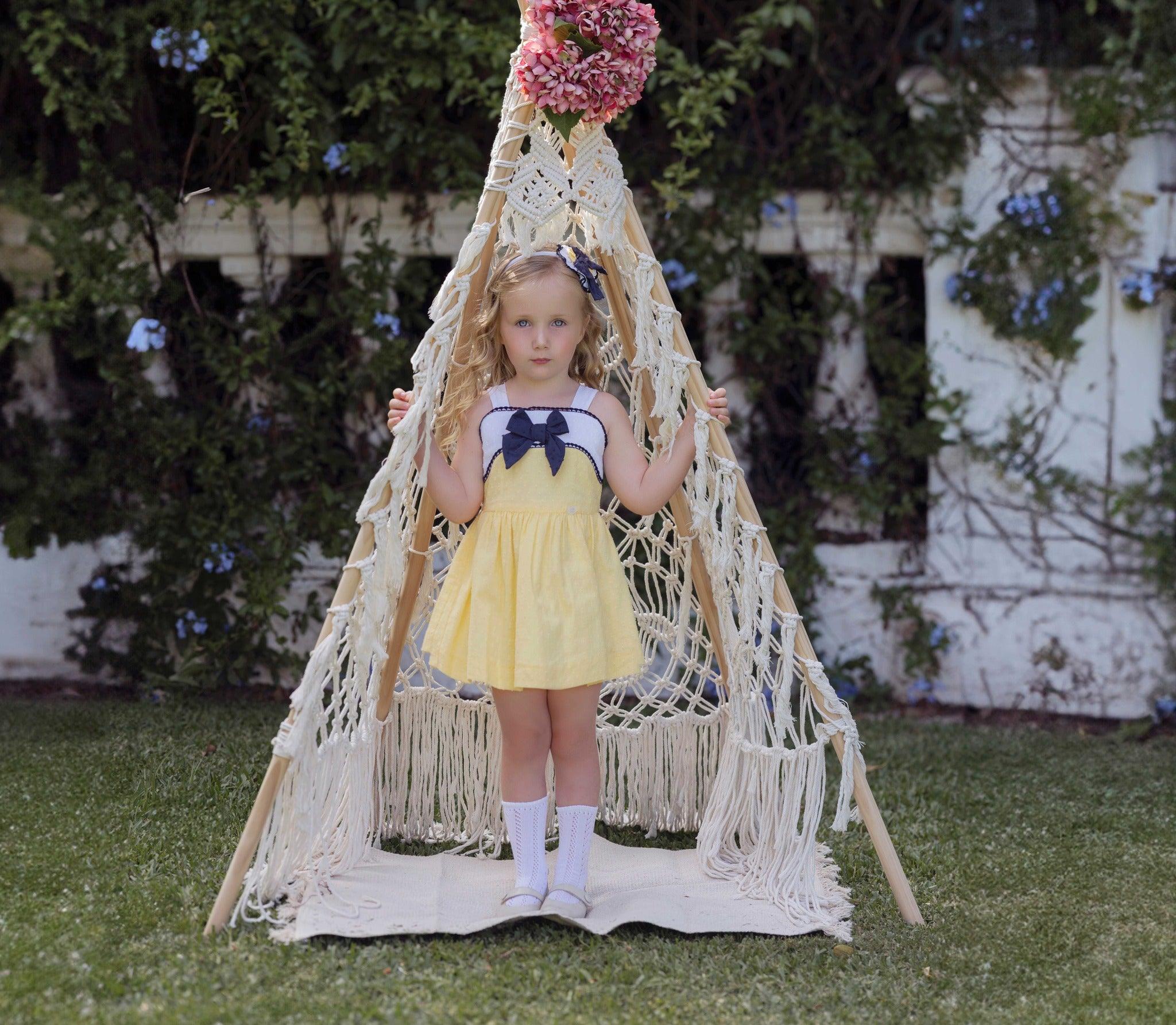 Miranda SS25 - Girl's Yellow, White and Navy Dress 241V - Mariposa Children's Boutique