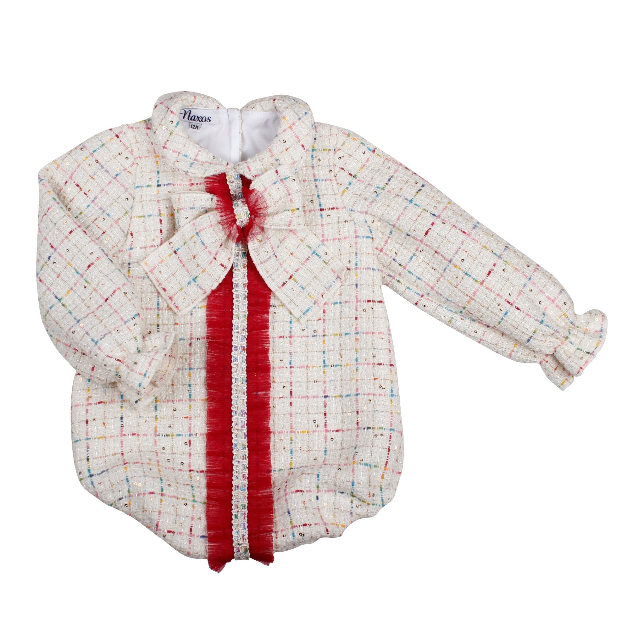 Burgundy Tulle Design Multi Coloured Twilled Romper Set for a baby girl by Naxos for AW25. 