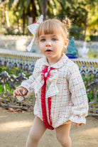 Naxos AW25 Multi Coloured twill Romper with Burgundy Tulle Detail.