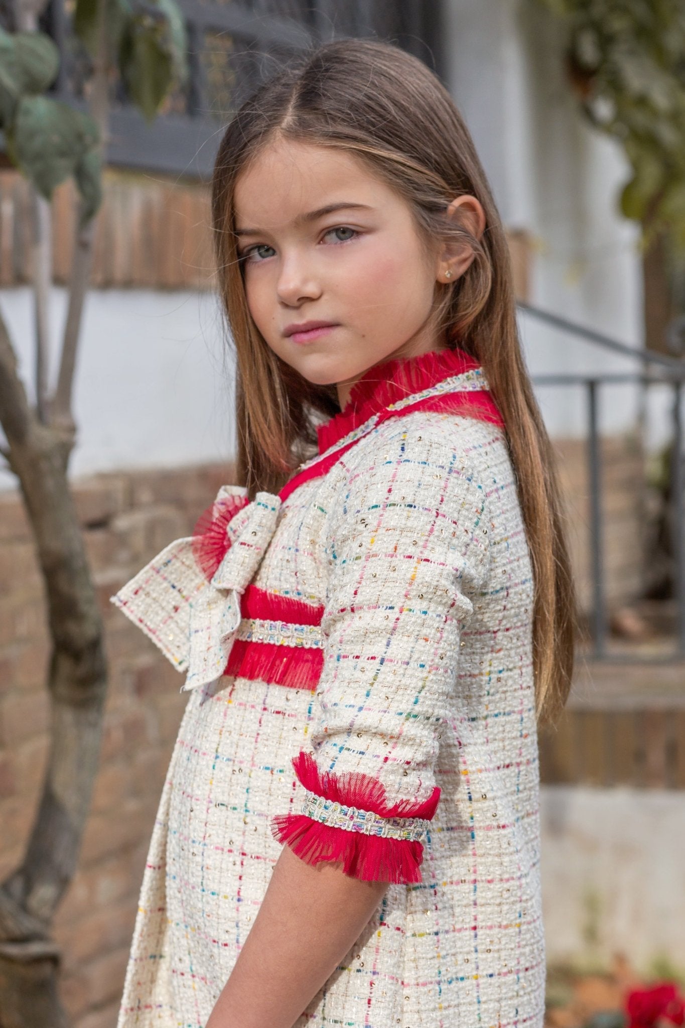 Naxos AW25 PRE - ORDER - Girls Burgundy Twill Tulle Design Dress 7636