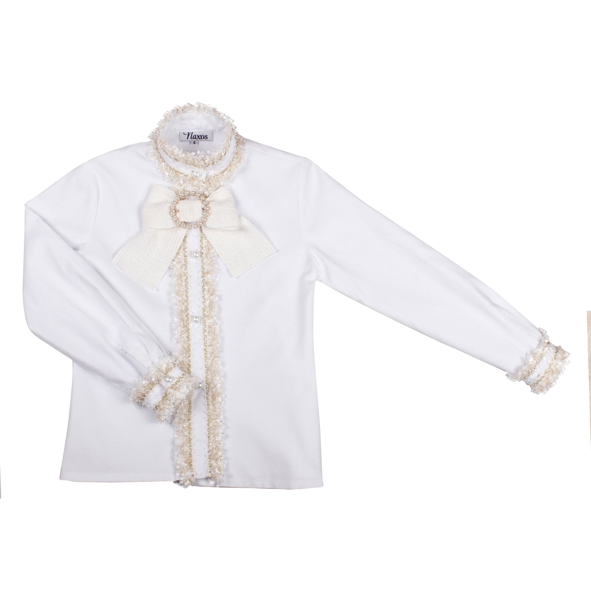 Designer Spanish girls blouse with pearl bow neckline from Naxos AW25