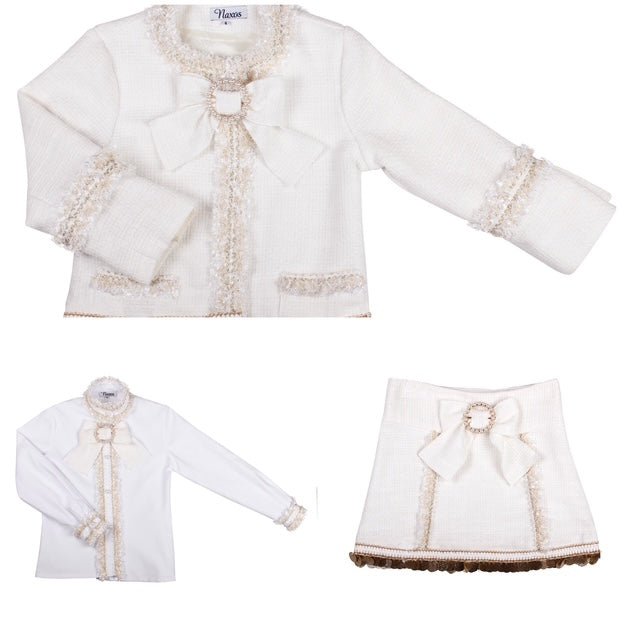 Naxos AW25 girls cream Chanel style jacket with bow and gold trim