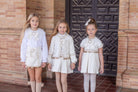 Naxos AW25 cream A-line dress for girls with matching headpiece, perfect for parties