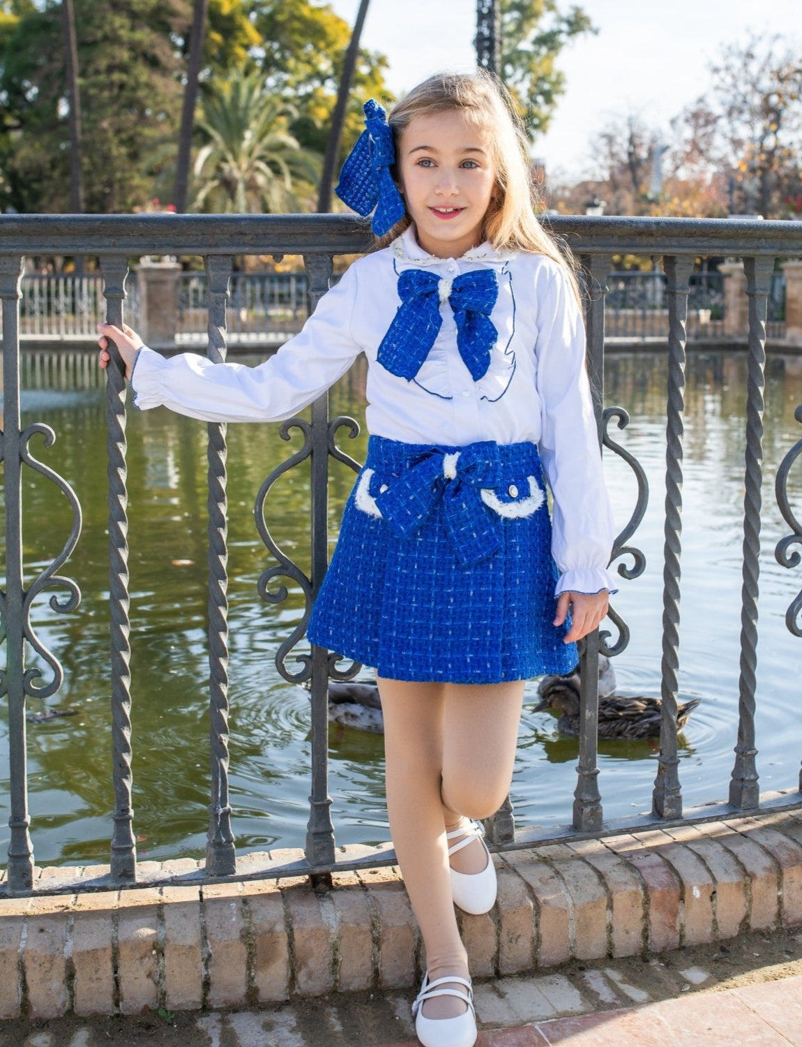 Naxos AW25 girls royal blue and white tweed skirt set 