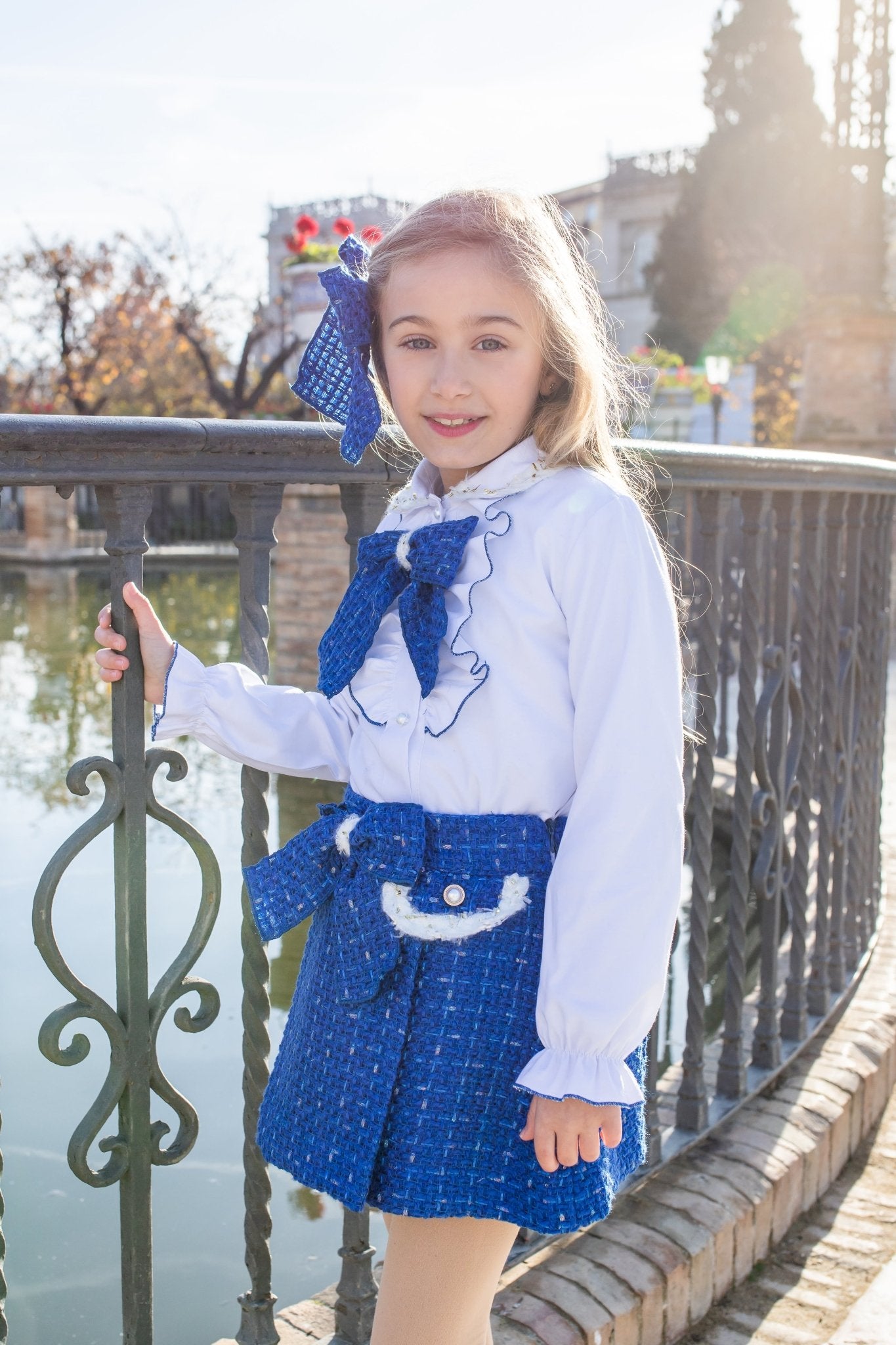 AW25 Naxos Royal Blue and White Skirt and Blouse set for Girls 
