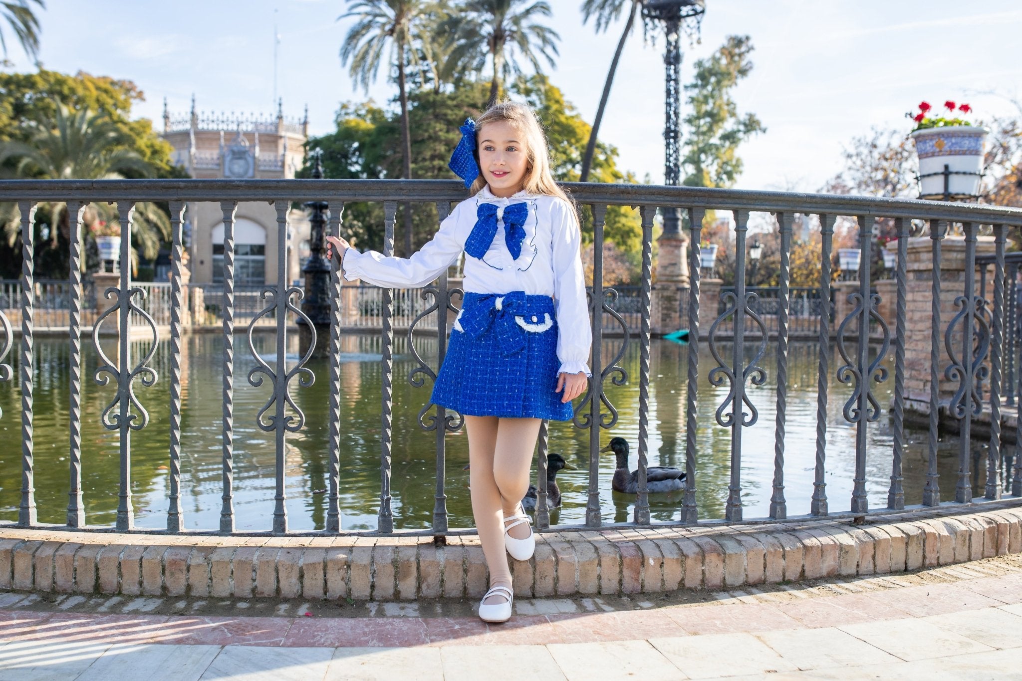royal blue & white Naxos tweed skirt set for AW25