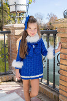 Girls Royal Blue Tweed and White Faux Fur Dress by Naxos for AW25