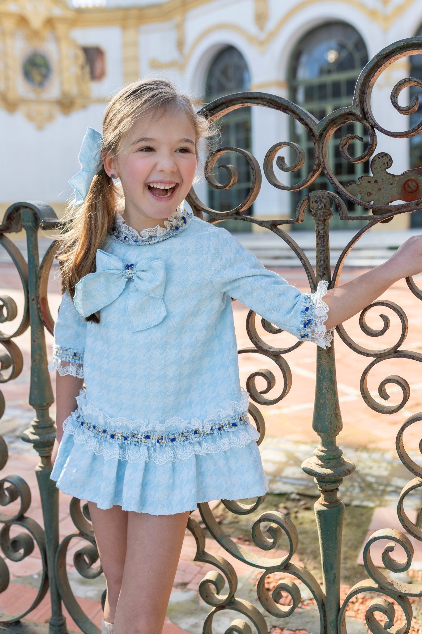 Naxos Baby Blue Dogtooth Girls Dress | AW26 PRE-ORDER