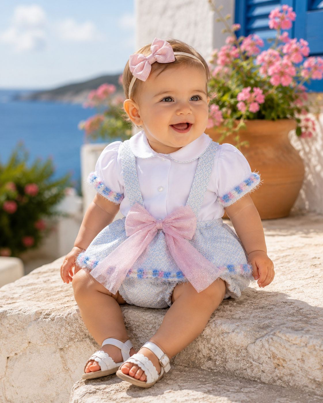 A baby girl wearing a white short-sleeve collared dress with light blue tulle overskirt and a large pink bow, sitting on a stone ledge with a blue sea and flowers in the background.