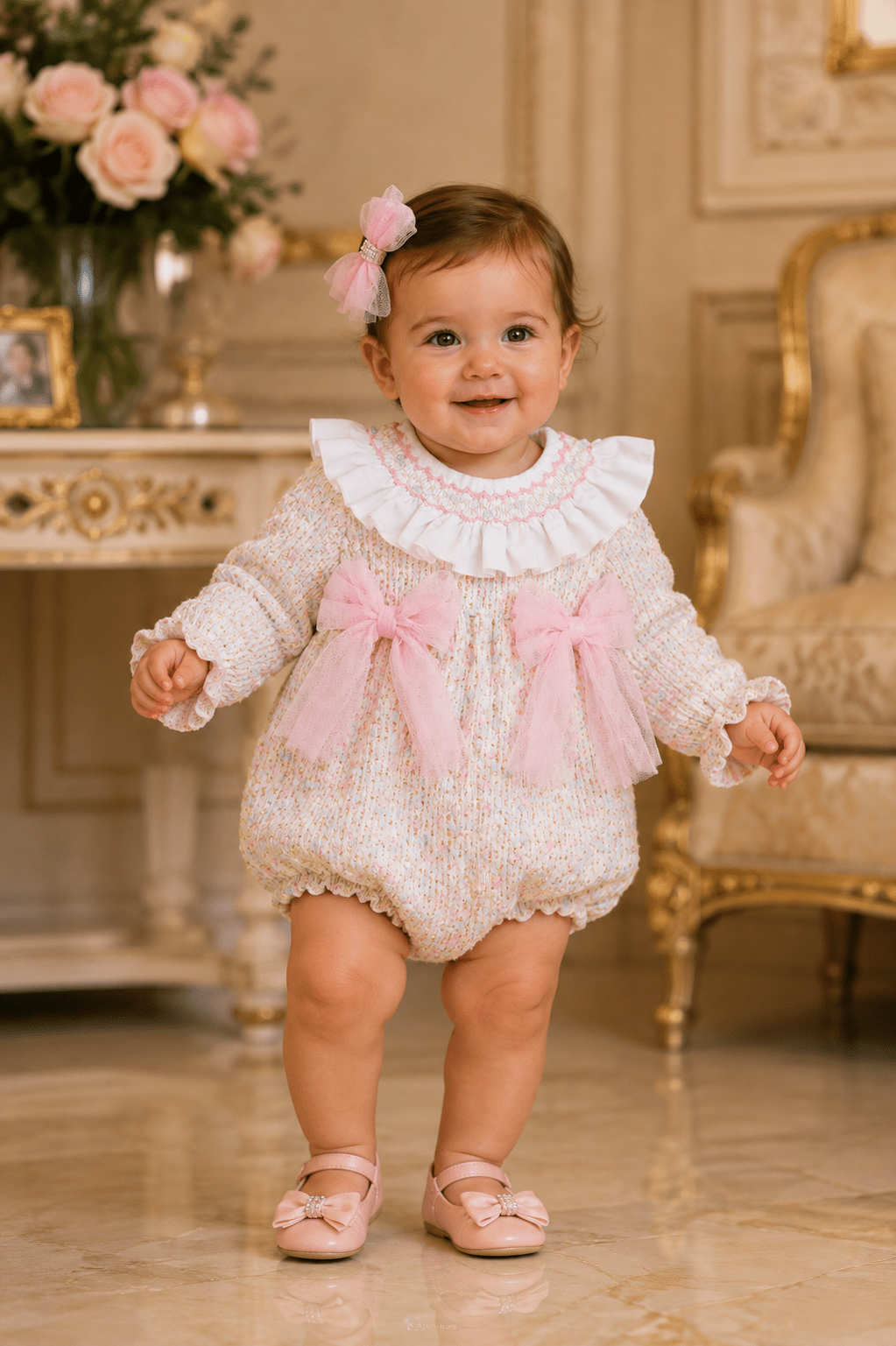Baby girl wearing Naxos AW26 Pink Tweed & Tulle Romper Suit
