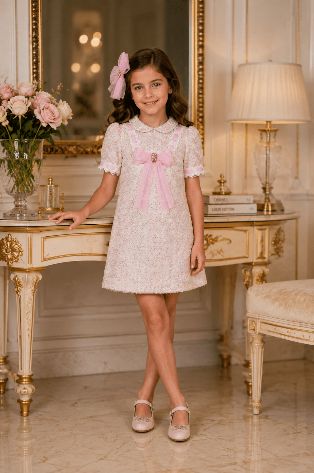 Young girl wearing Naxos AW26 pink tweed and tulle dress with tulle hairbow in a luxury setting. 