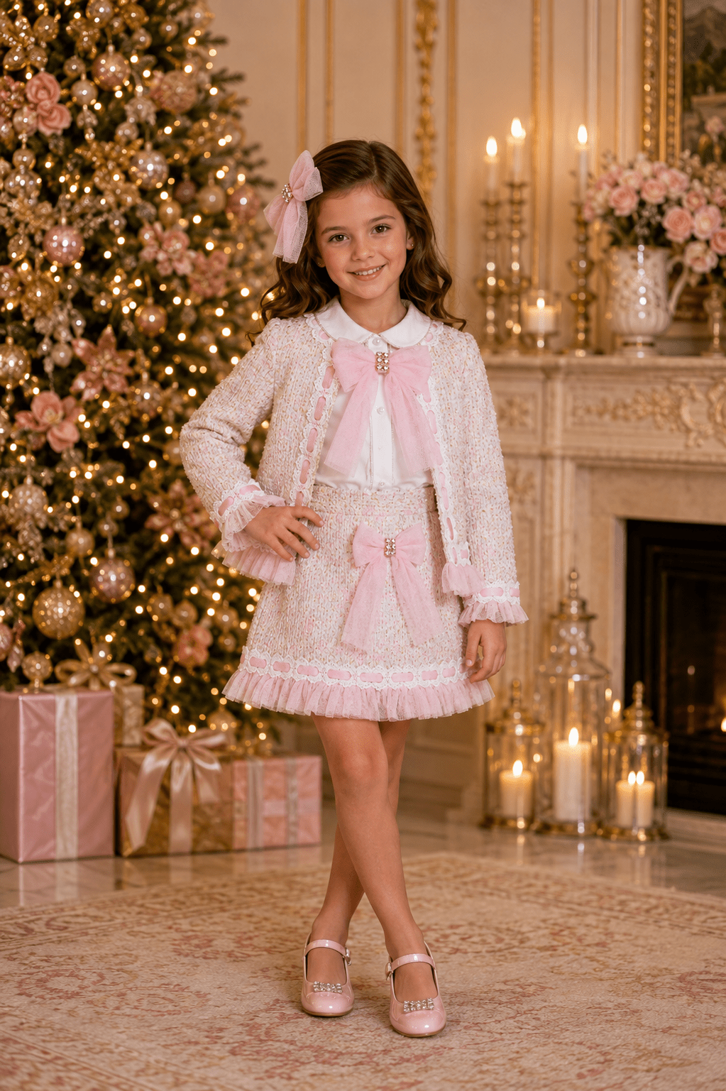 A young girl wearing a Naxos AW26 pink tweed skirt, blouse & jacket set in a christmas background. 
