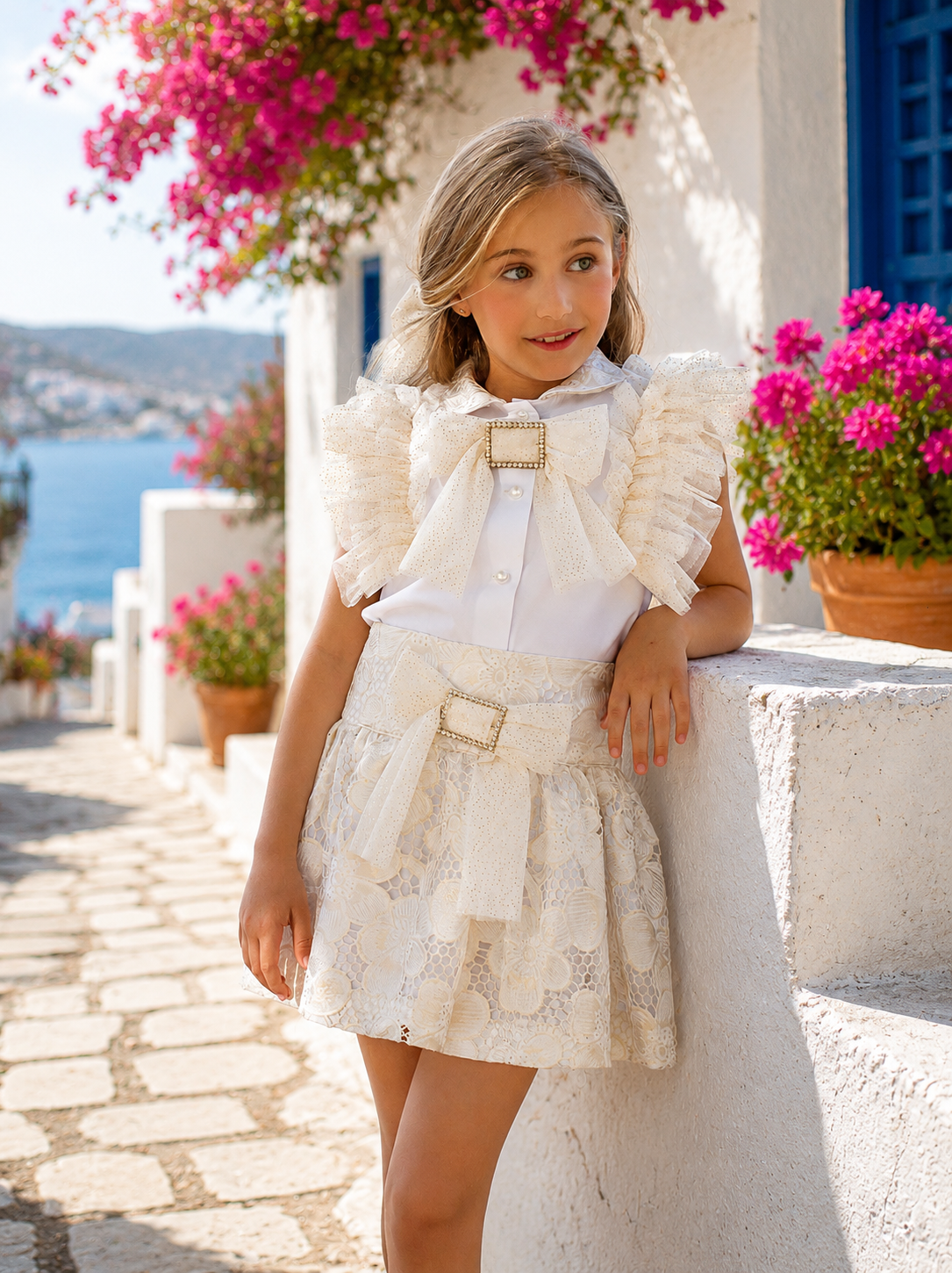 Naxos Girls White and Gold Embroidered Skirt and Blouse Set | SS26