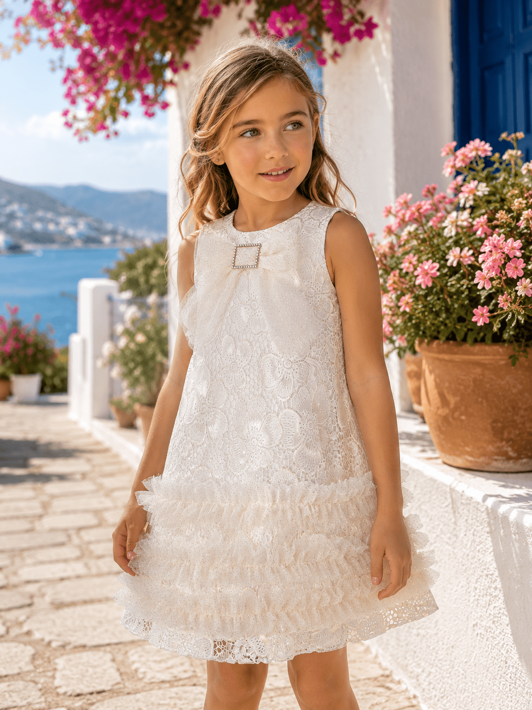 Naxos Girls White & Gold Embroidered Dress | SS26