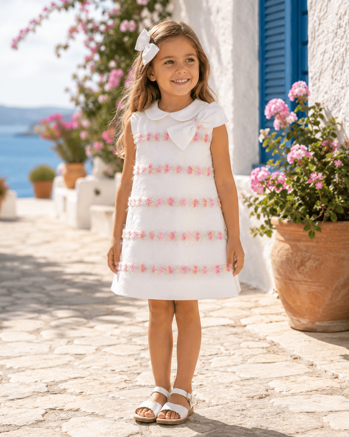 A young girl stands outdoors on a stone path wearing a sleeveless white dress with a large white Peter Pan collar, a white bow at the neckline, and rows of small pink and yellow embroidered floral details. She is wearing white sandals and a white bow in her hair, with a Mediterranean-style background featuring white walls, blue shutters, and potted pink flowers.