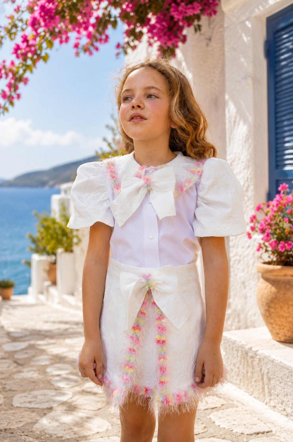 A young girl wearing a white traditional Spanish outfit with pink floral embroidery and a large bow, standing outdoors on a stone path near a white wall with blue shutters and pink bougainvillea flowers.