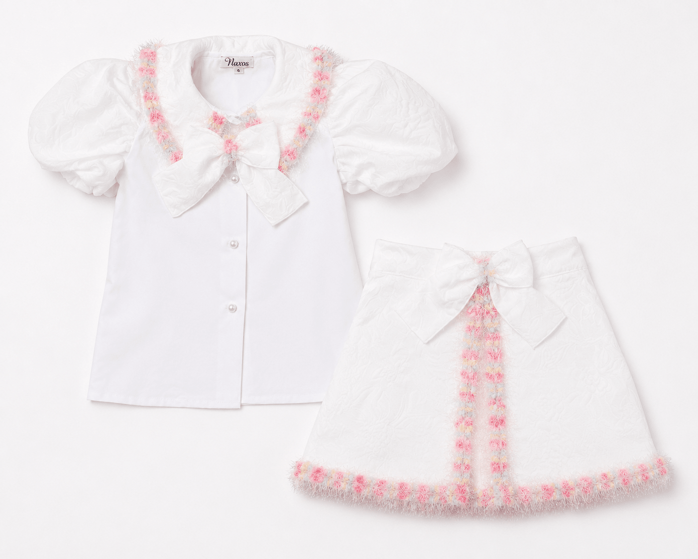 Naxos SS26 white & multicoloured skirt and blouse set for girls