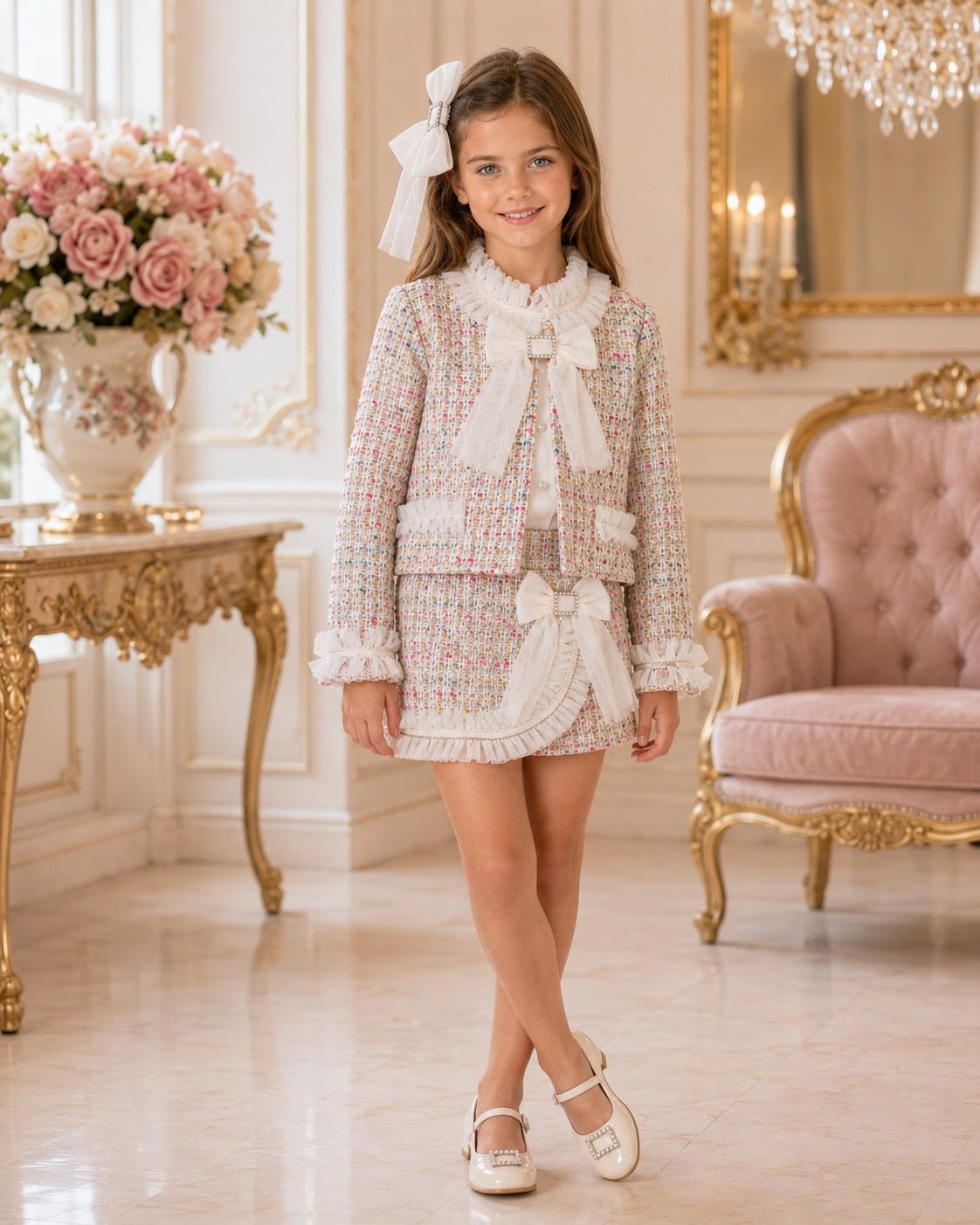 A young girl wearing a Naxos AW26 3pc Skorts Set in a multicolour tweed with tulle bow details. 