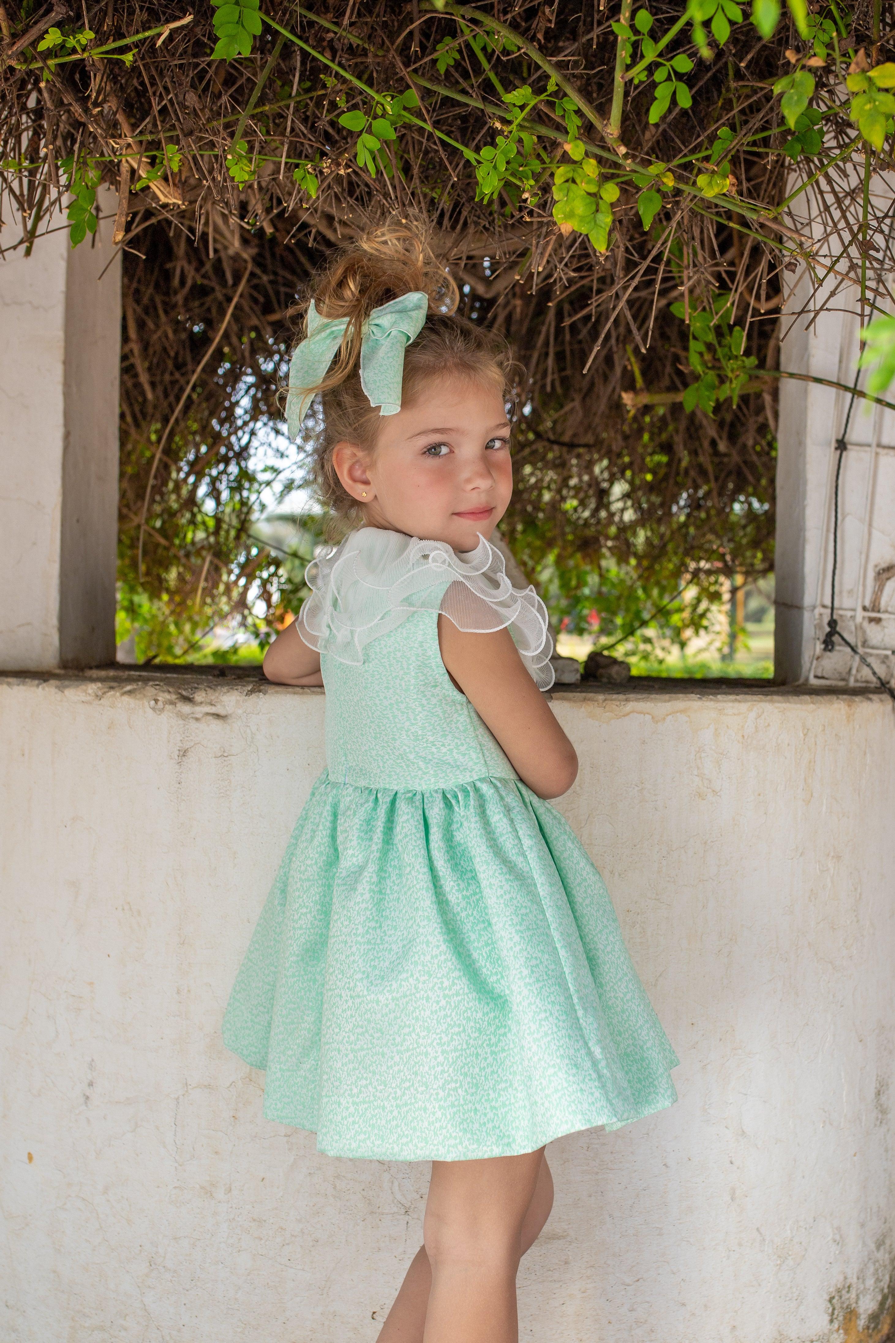 NAXOS SS24 - Girls Green Puffball Dress & Headpiece - Mariposa Children's Boutique