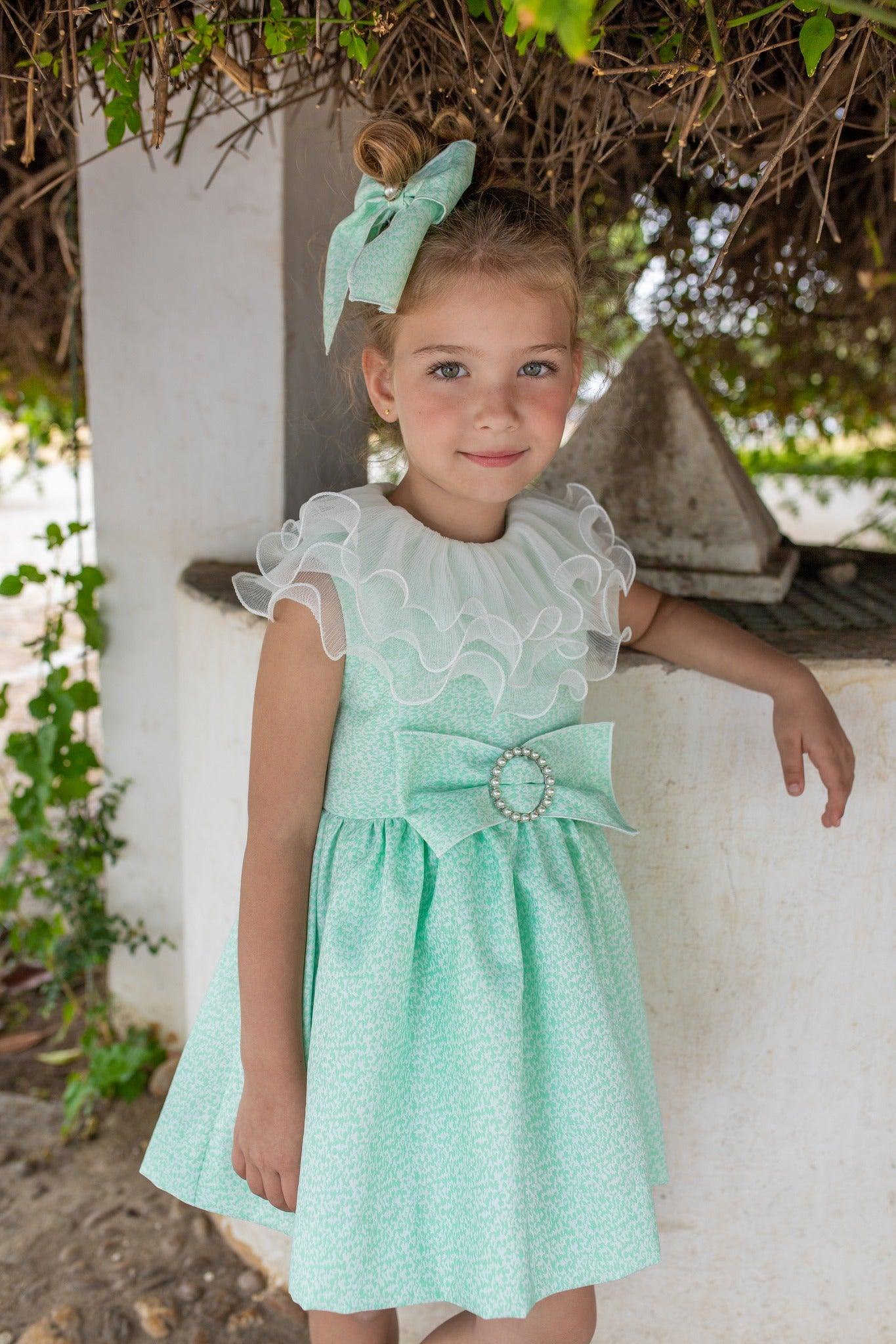 NAXOS SS24 - Girls Green Puffball Dress & Headpiece - Mariposa Children's Boutique