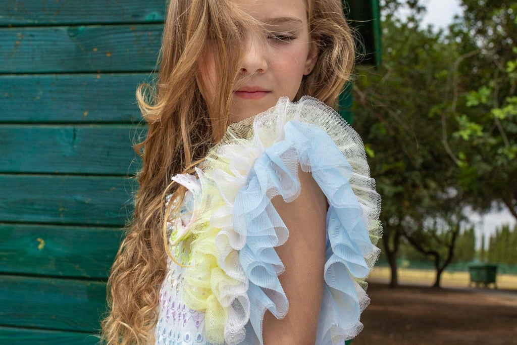 NAXOS SS24 - Girls Multi Coloured Dress with Tulle Frill - Mariposa Children's Boutique