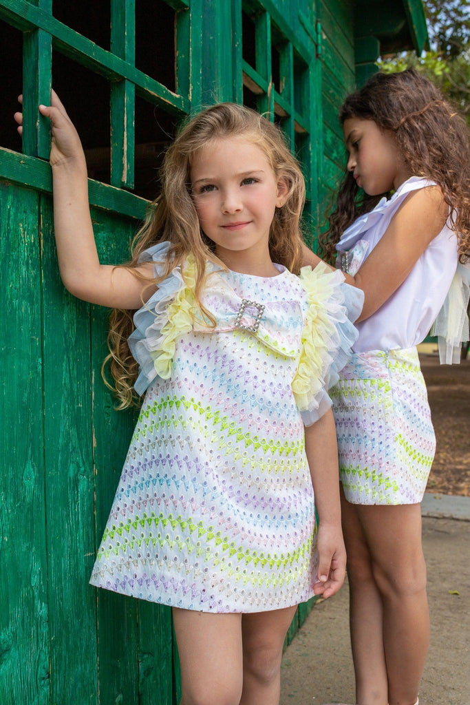 NAXOS SS24 - Girls Multi Coloured Dress with Tulle Frill - Mariposa Children's Boutique