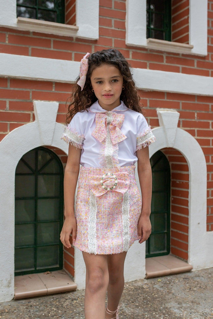 NAXOS SS24 - Girls Pink Multi Colour Chanel Skirt & Blouse Set - Mariposa Children's Boutique
