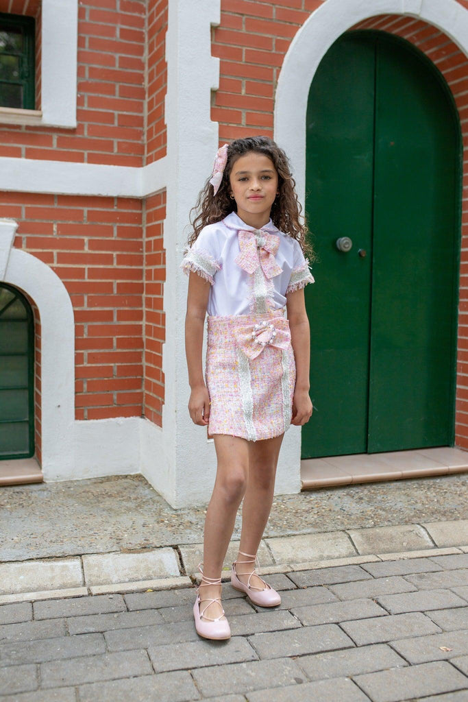 NAXOS SS24 - Girls Pink Multi Colour Chanel Skirt & Blouse Set - Mariposa Children's Boutique