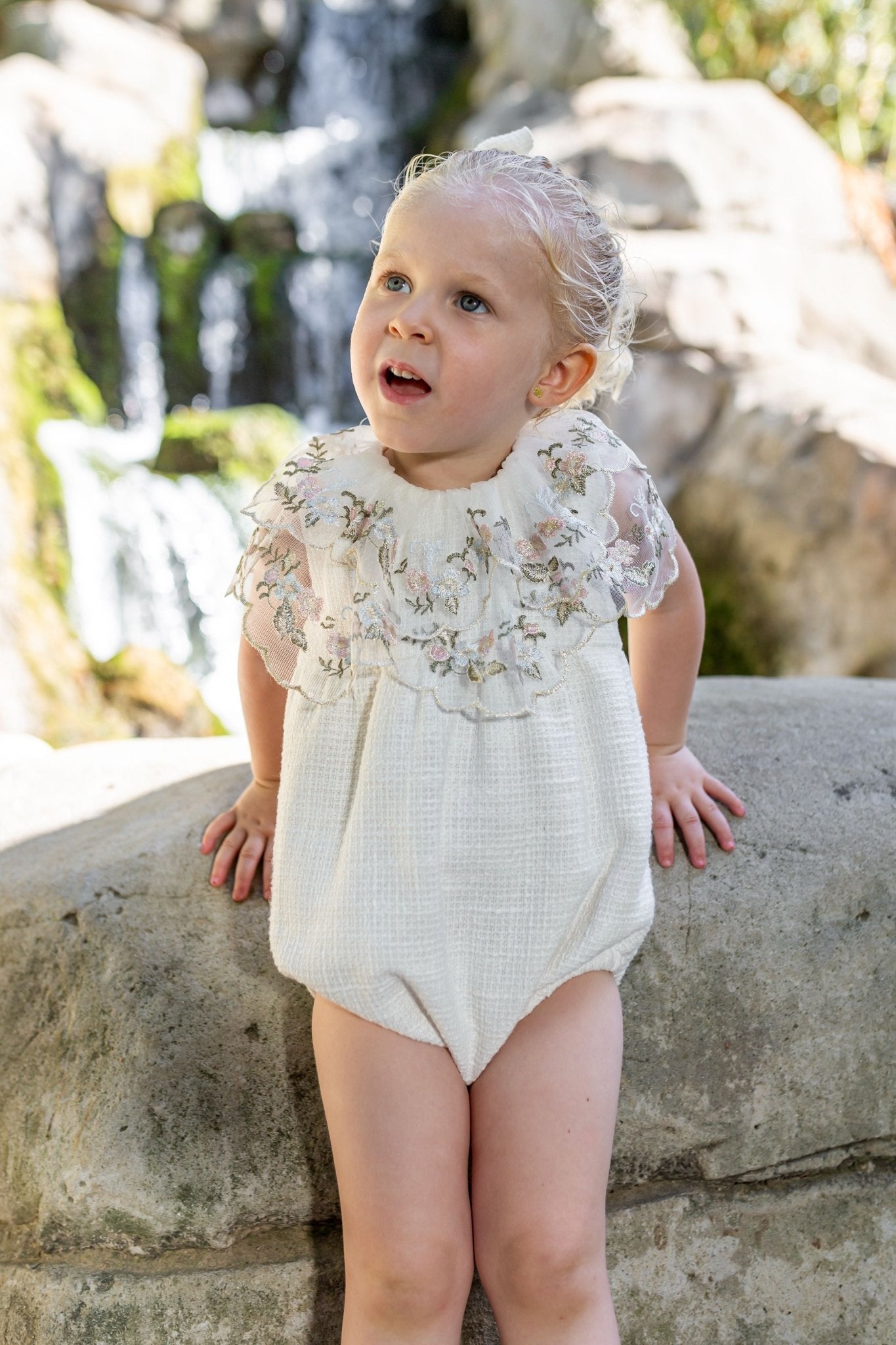 Naxos SS25 - Baby Girl's Cream Chanel Tweed Romper - Mariposa Children's Boutique