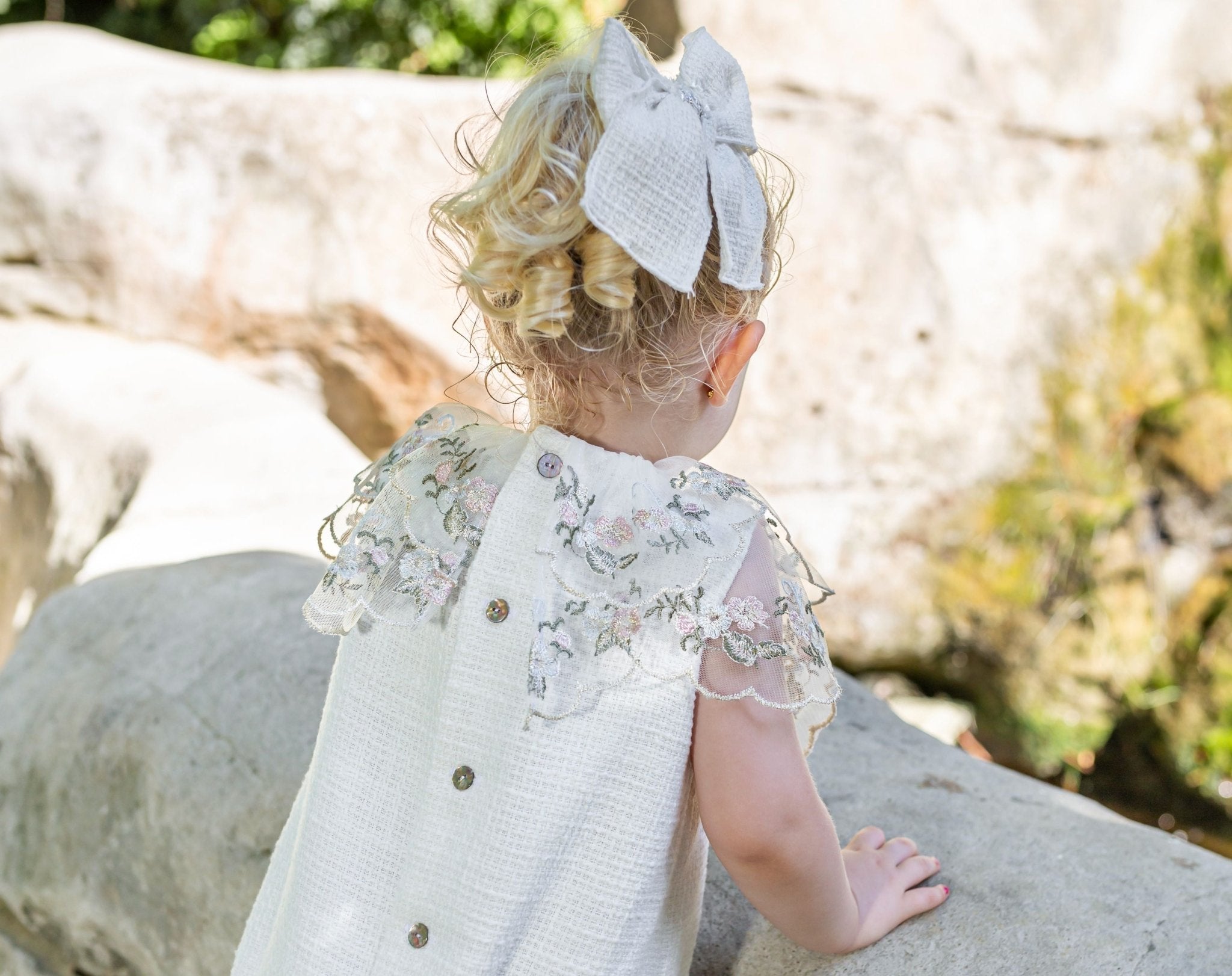 Naxos SS25 - Baby Girl's Cream Chanel Tweed Romper - Mariposa Children's Boutique