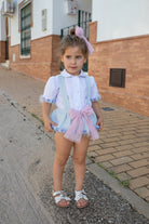 Naxos SS26 baby girls blue tweed suspender shorts set with white blouse and pink bow