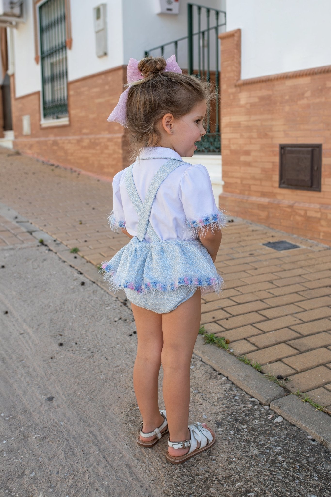 Naxos baby girls blue and pink outfit SS26 suspender shorts set