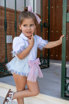 Boutique baby girls outfit Naxos blue tweed suspender shorts and white blouse