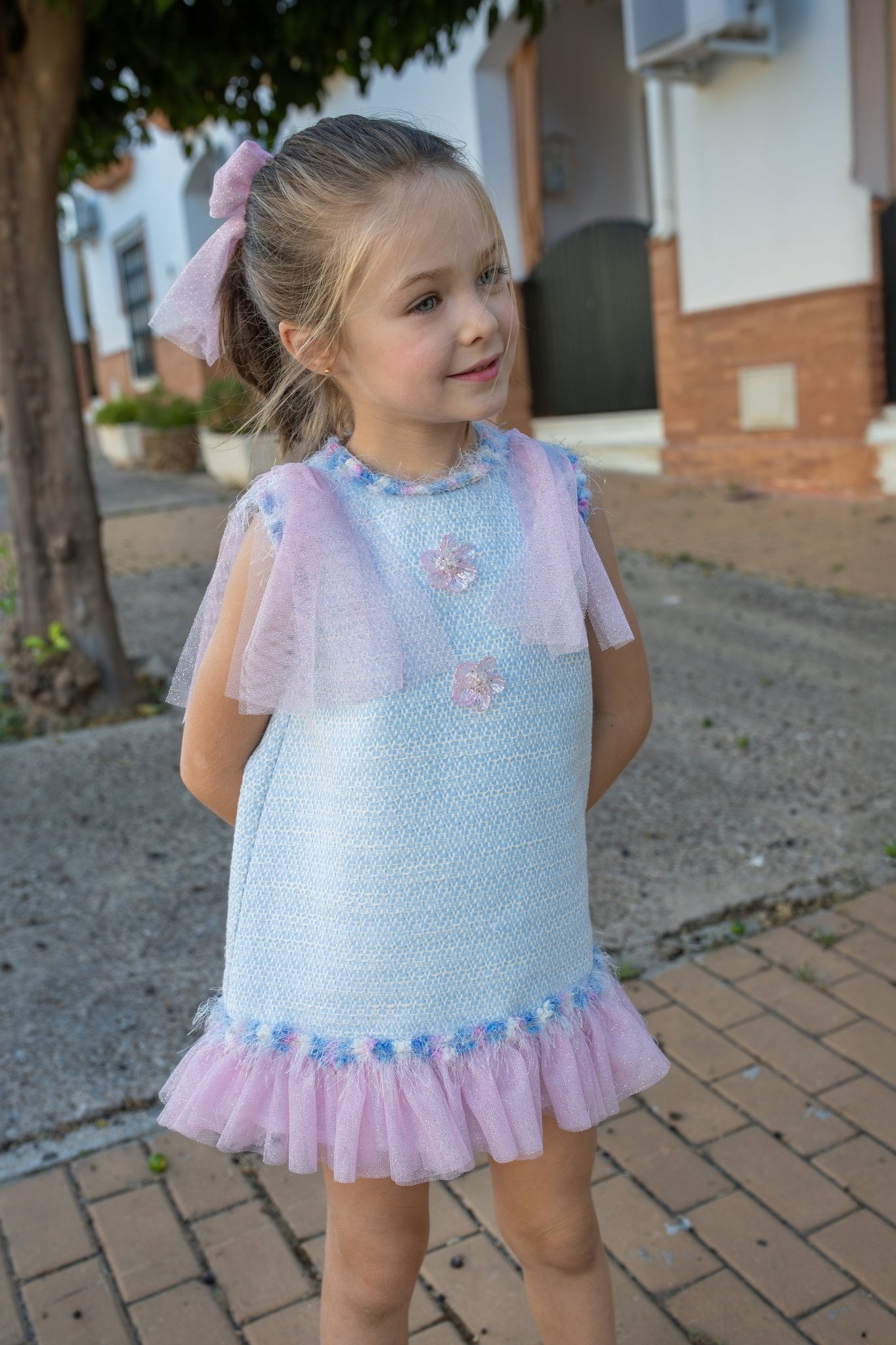 Naxos SS26 - Girls Pastel Tweed & Pink Tulle Dress