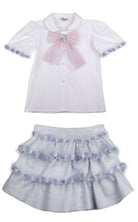 Naxos girls skirt and blouse set SS26 blue tiered skirt and white blouse outfit