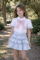 Naxos SS26 girls blue tweed tiered skirt and white blouse set with pink bow – Spanish children's outfit