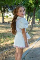 Naxos SS26 - Girls White Jacquard & Multicolour Skirt and Blouse Set