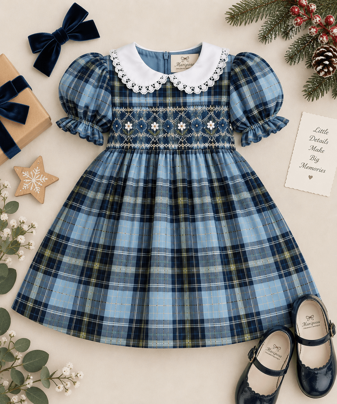 Pomme Cannelle Girls Green & Blue Tartan Smocked Dress | AW26 PRE-ORDER