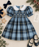 Pomme Cannelle Girls Green & Blue Tartan Smocked Dress | AW26 PRE-ORDER