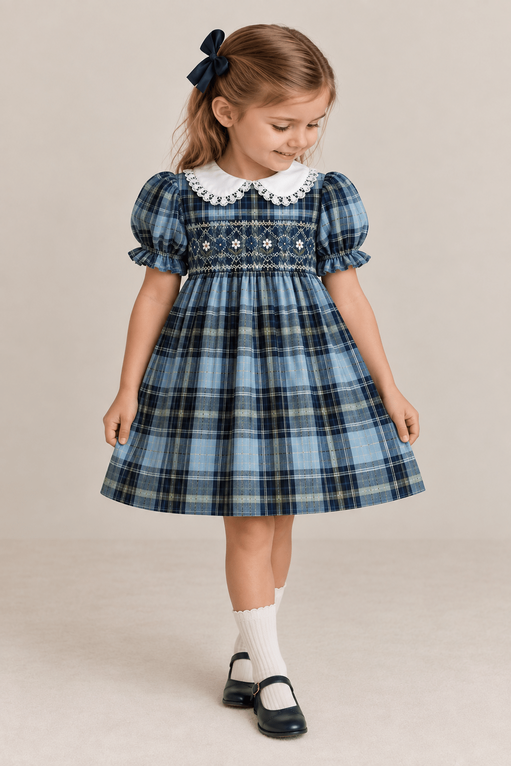 Pomme Cannelle Girls Green & Blue Tartan Smocked Dress | AW26 PRE-ORDER
