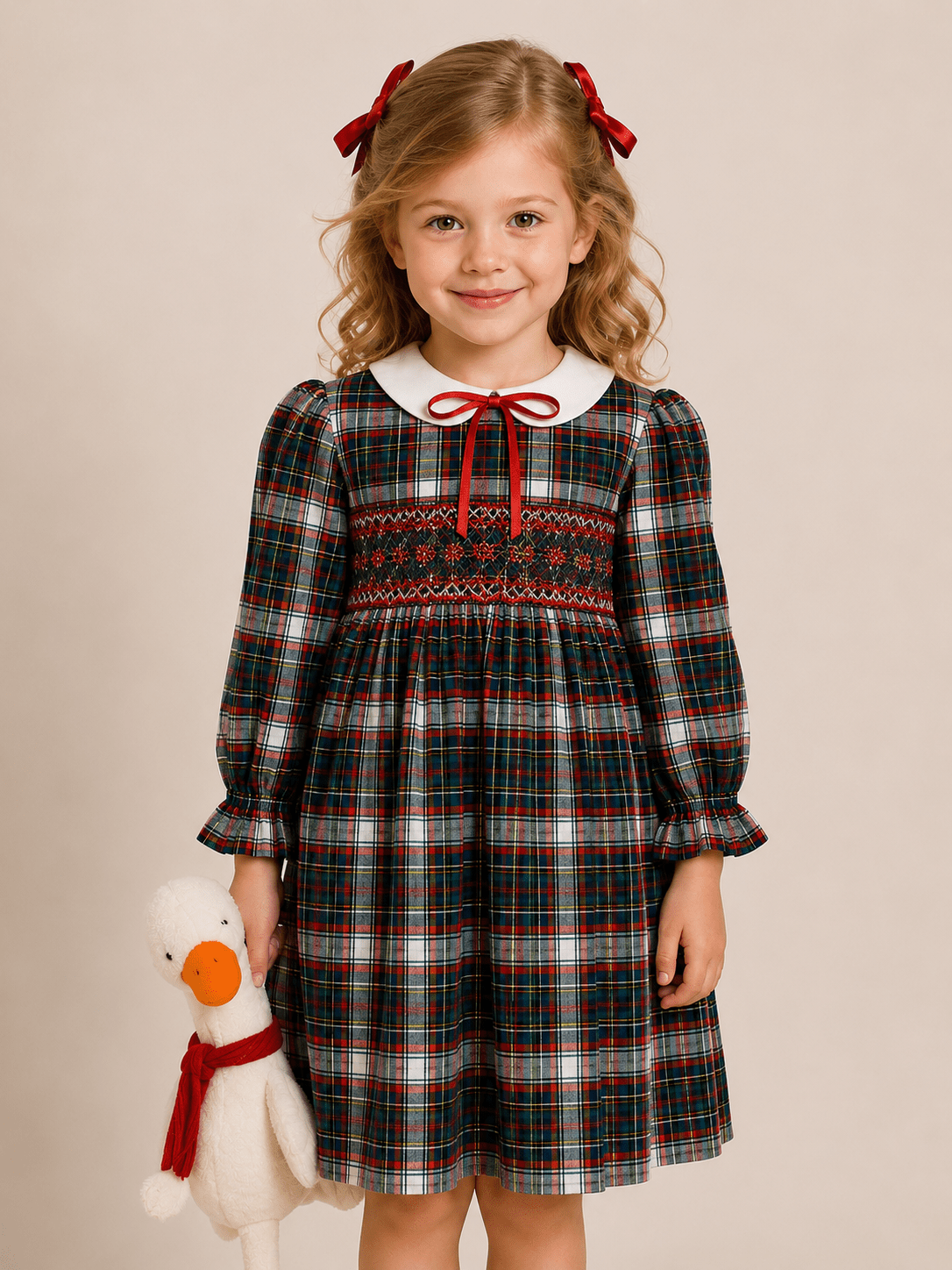 Pomme Cannelle Girls Red & Green Tartan Smocked Christmas Dress | AW26