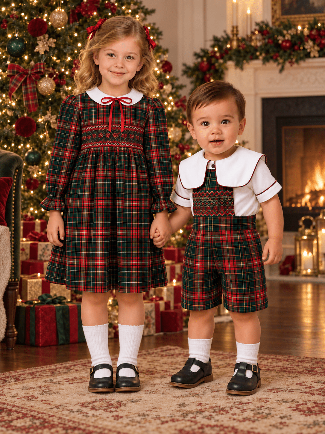 Pomme Cannelle Girls Red & Green Tartan Smocked Christmas Dress | AW26